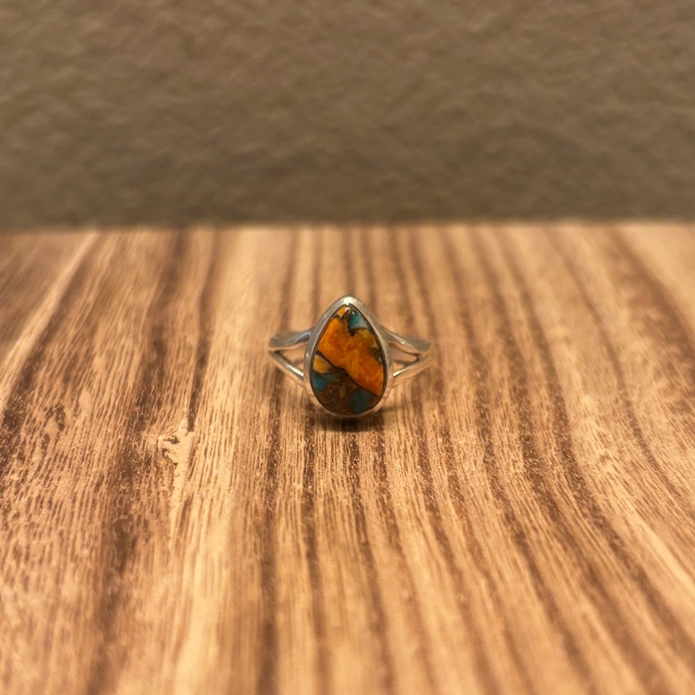 Sterling Silver Teardrop Spiney Shell  Ring with Turquoise and Orange Tones